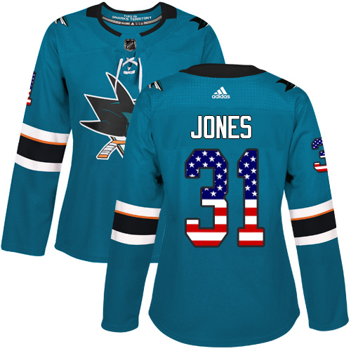 Adidas Sharks #31 Martin Jones Teal Home Authentic USA Flag Women's Stitched NHL Jersey